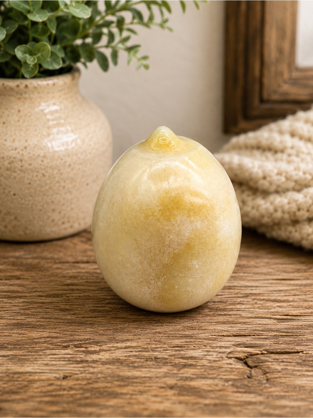 Vtg Marble Lemon Figurine Alabaster Stone Fruit Decor Cream Beige Flat Bottom